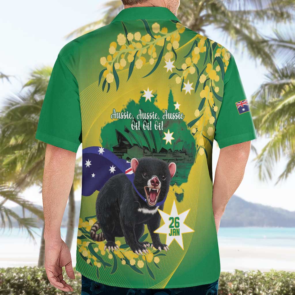 Tasimania Devil Australia Day Hawaiian Shirt Aussie Aussie Aussie Oi! Oi! Oi! - Green - Vibe Hoodie Shop