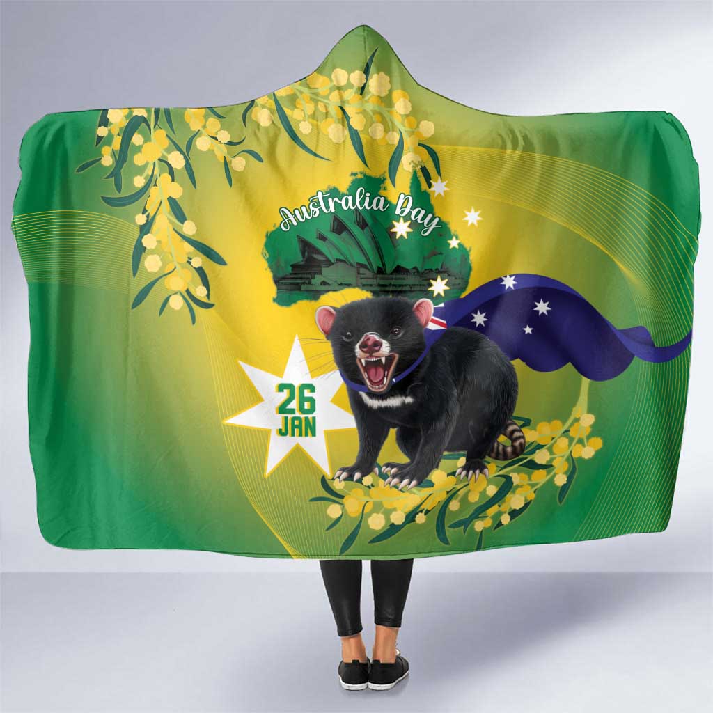 Tasimania Devil Australia Day Hooded Blanket Aussie Aussie Aussie Oi! Oi! Oi! - Green