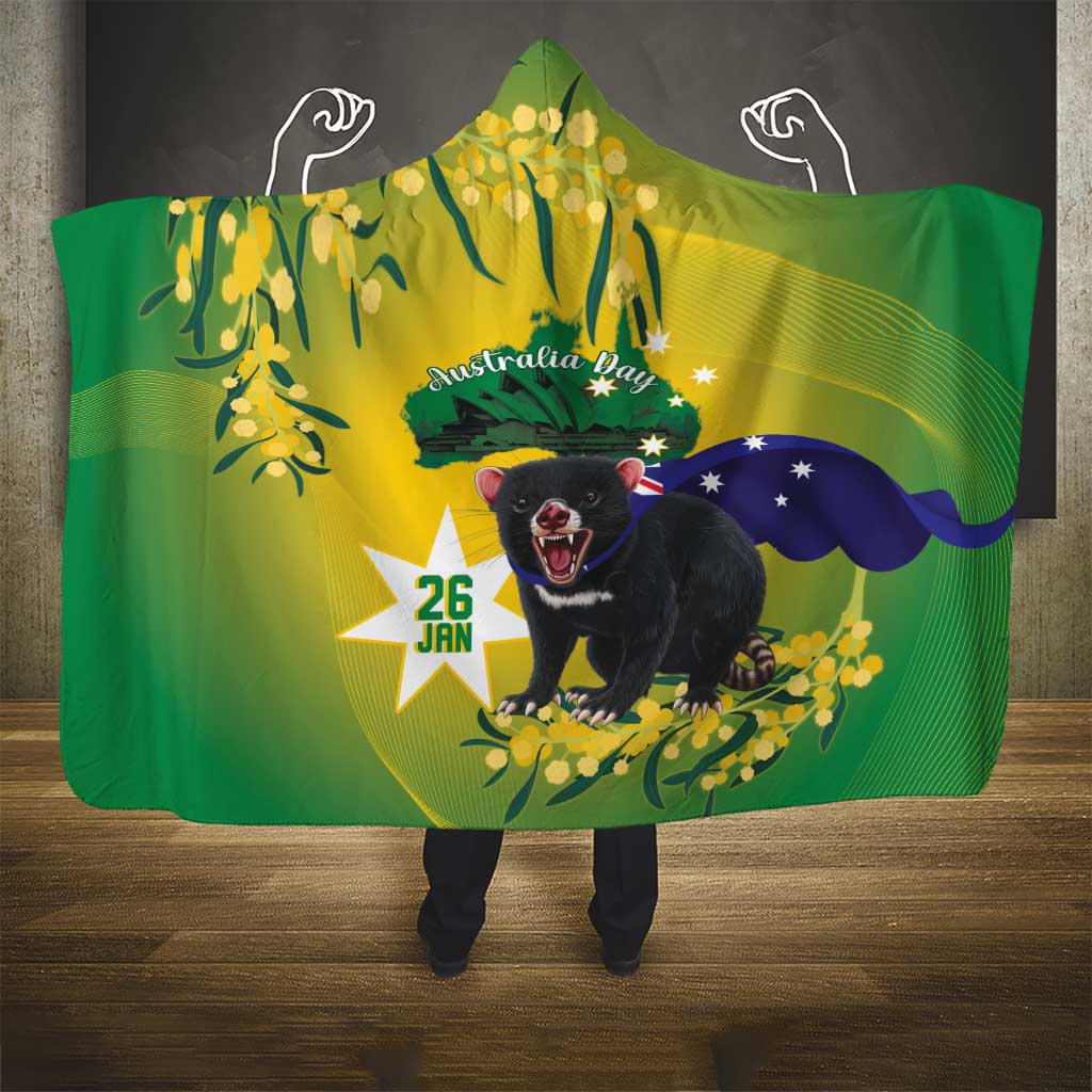 Tasimania Devil Australia Day Hooded Blanket Aussie Aussie Aussie Oi! Oi! Oi! - Green