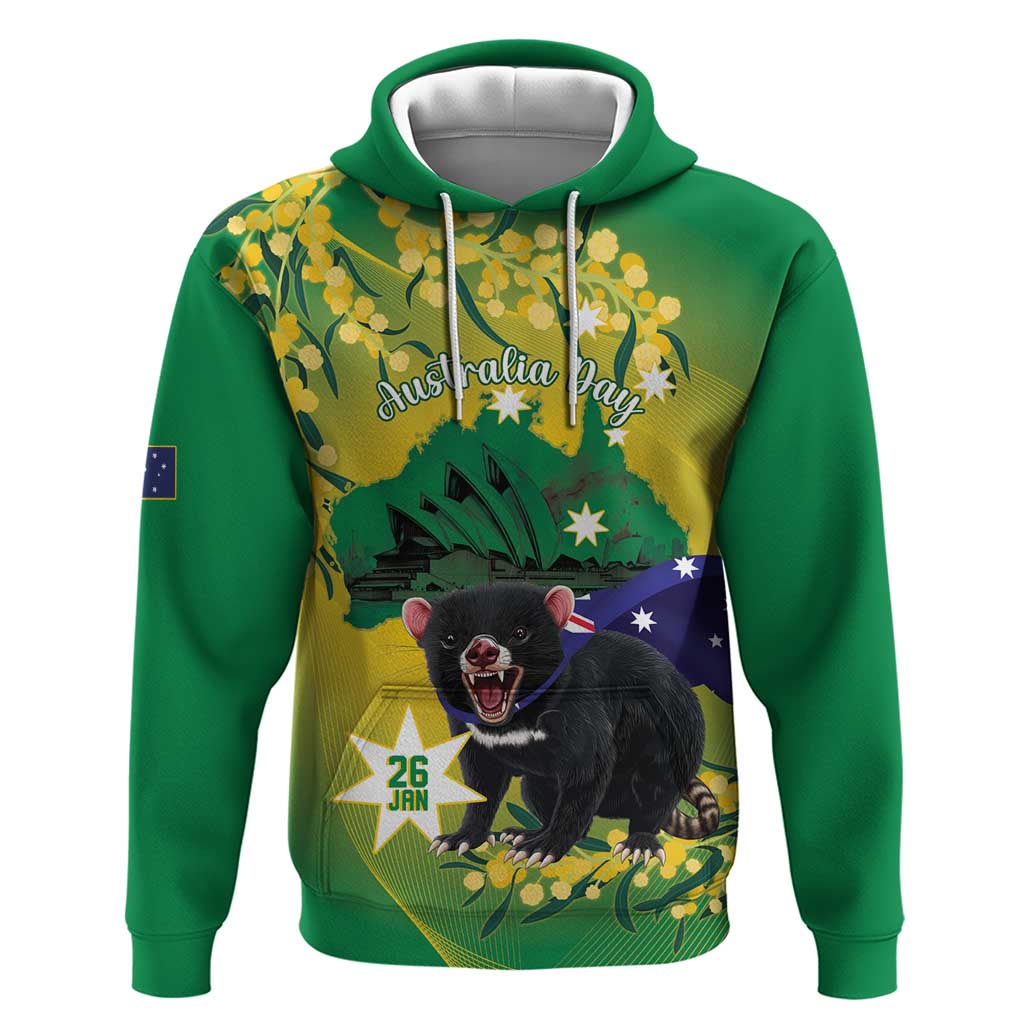 Tasimania Devil Australia Day Hoodie Aussie Aussie Aussie Oi! Oi! Oi! - Green - Vibe Hoodie Shop