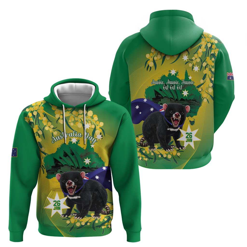 Tasimania Devil Australia Day Hoodie Aussie Aussie Aussie Oi! Oi! Oi! - Green - Vibe Hoodie Shop