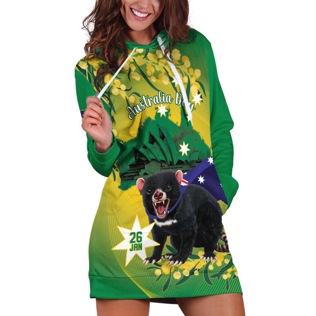 Tasimania Devil Australia Day Hoodie Dress Aussie Aussie Aussie Oi! Oi! Oi! - Green - Vibe Hoodie Shop