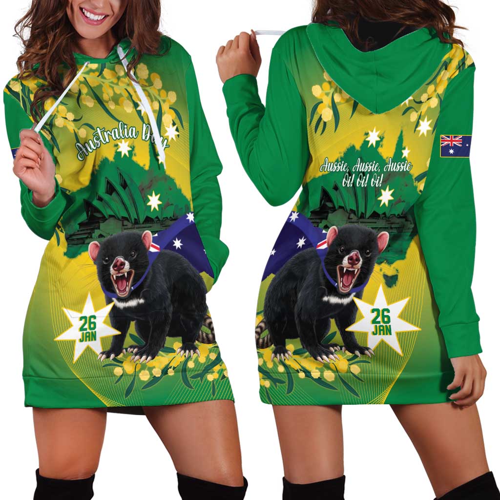 Tasimania Devil Australia Day Hoodie Dress Aussie Aussie Aussie Oi! Oi! Oi! - Green - Vibe Hoodie Shop