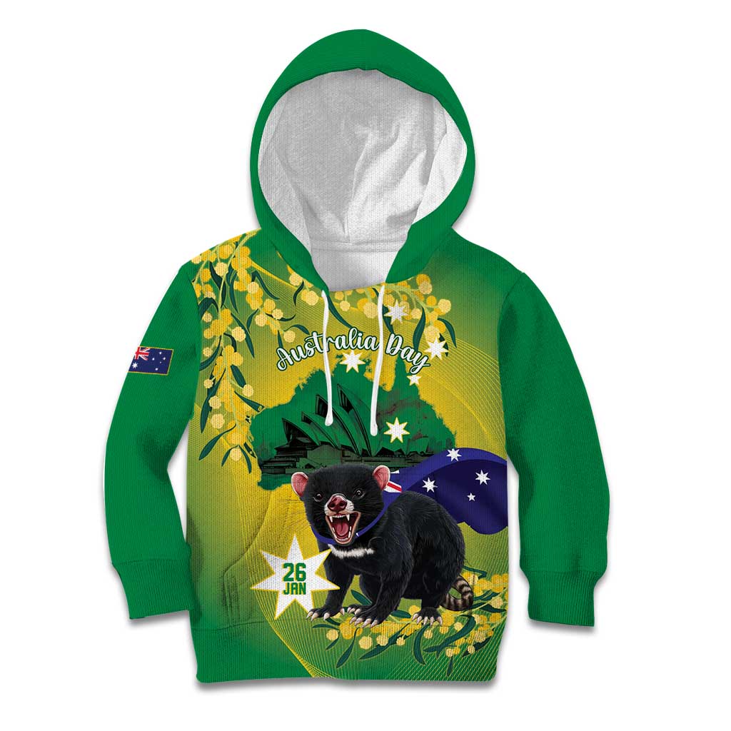 Tasimania Devil Australia Day Kid Hoodie Aussie Aussie Aussie Oi! Oi! Oi! - Green - Vibe Hoodie Shop