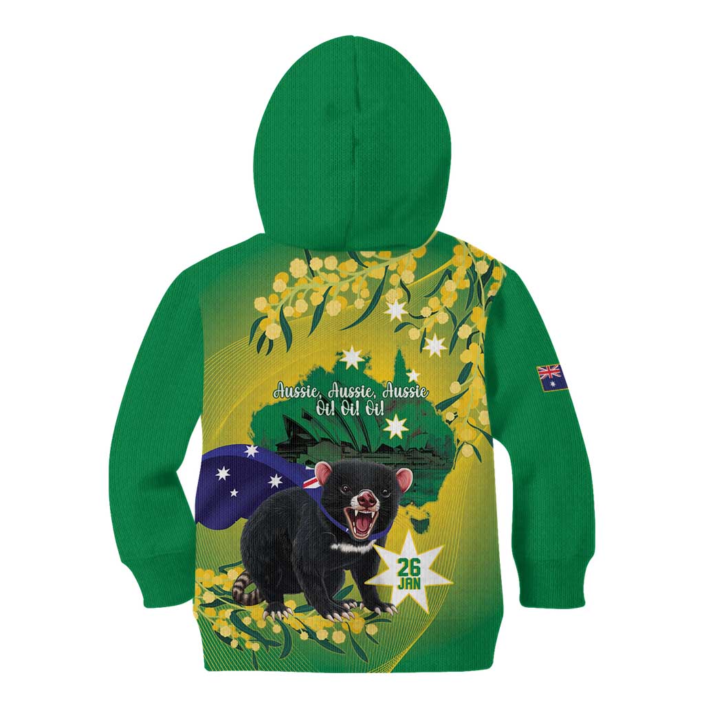 Tasimania Devil Australia Day Kid Hoodie Aussie Aussie Aussie Oi! Oi! Oi! - Green - Vibe Hoodie Shop