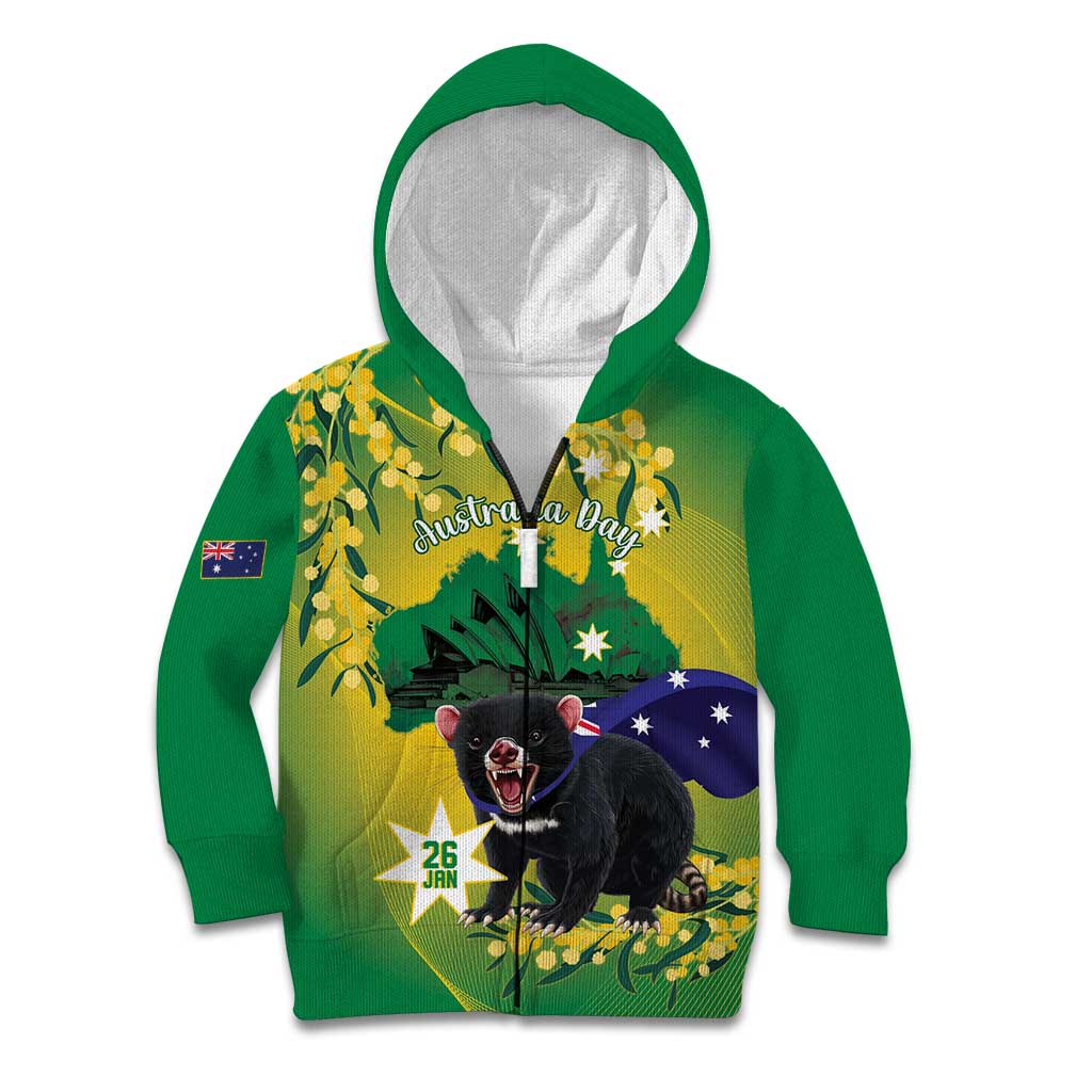 Tasimania Devil Australia Day Kid Hoodie Aussie Aussie Aussie Oi! Oi! Oi! - Green - Vibe Hoodie Shop