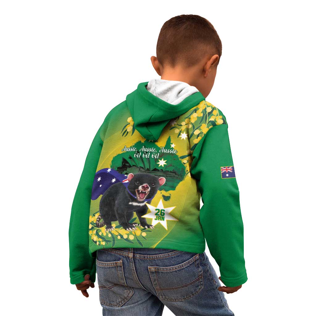 Tasimania Devil Australia Day Kid Hoodie Aussie Aussie Aussie Oi! Oi! Oi! - Green - Vibe Hoodie Shop