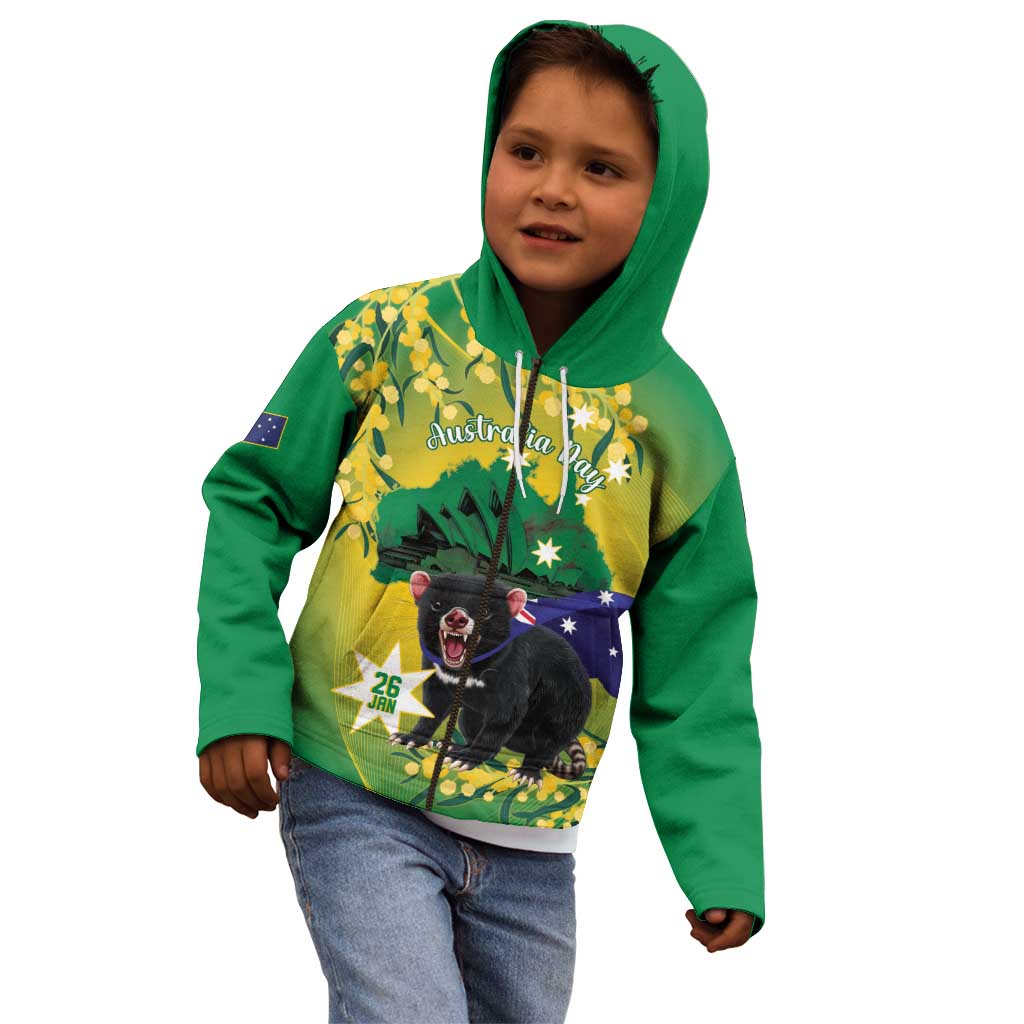 Tasimania Devil Australia Day Kid Hoodie Aussie Aussie Aussie Oi! Oi! Oi! - Green - Vibe Hoodie Shop