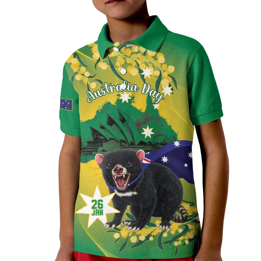 Tasimania Devil Australia Day Kid Polo Shirt Aussie Aussie Aussie Oi! Oi! Oi! - Green - Vibe Hoodie Shop