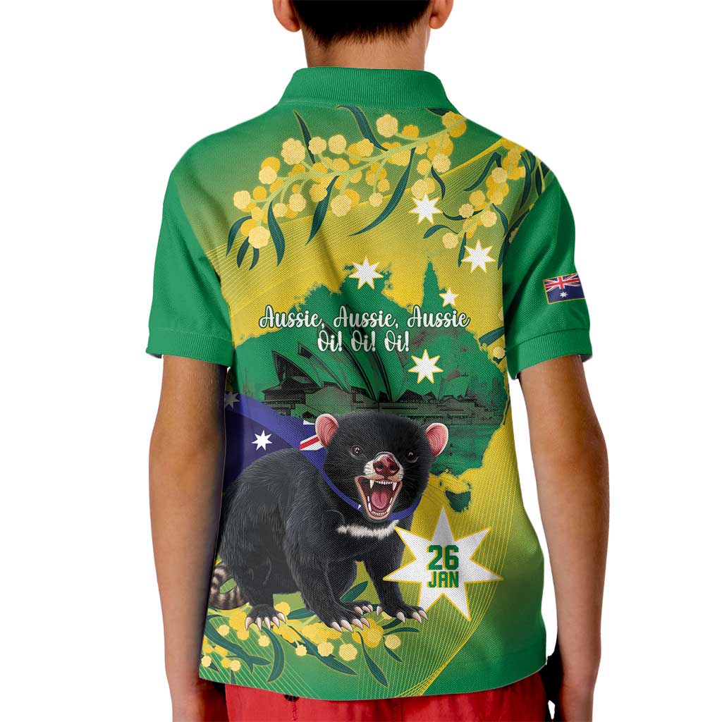 Tasimania Devil Australia Day Kid Polo Shirt Aussie Aussie Aussie Oi! Oi! Oi! - Green - Vibe Hoodie Shop