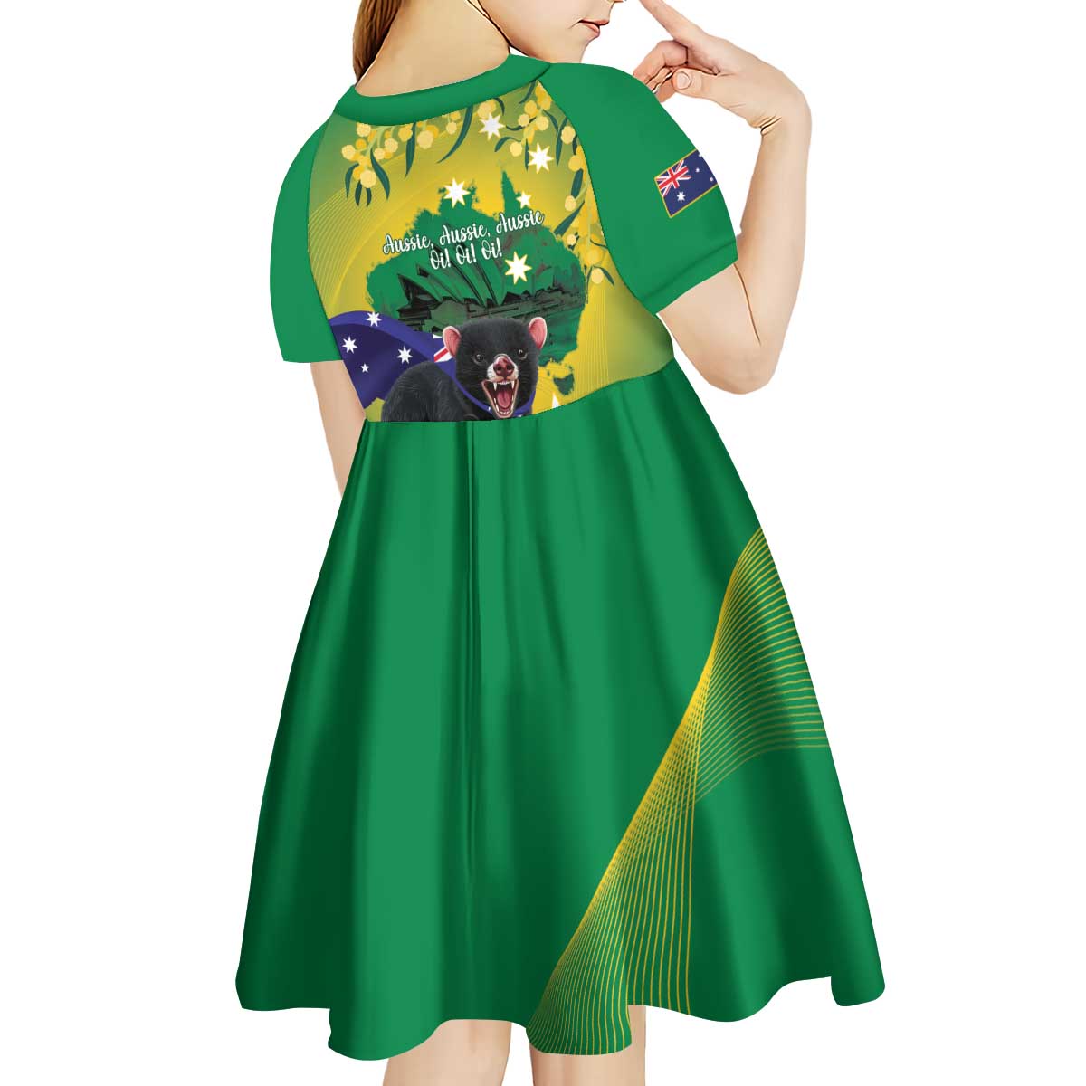 Tasimania Devil Australia Day Kid Short Sleeve Dress Aussie Aussie Aussie Oi! Oi! Oi! - Green - Vibe Hoodie Shop