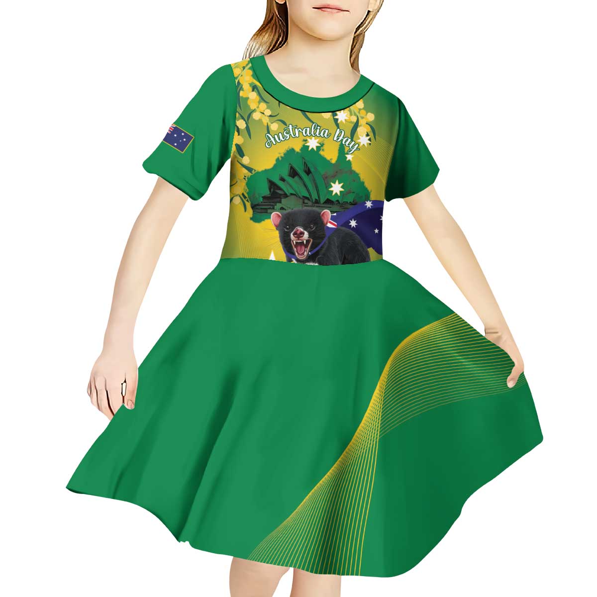 Tasimania Devil Australia Day Kid Short Sleeve Dress Aussie Aussie Aussie Oi! Oi! Oi! - Green - Vibe Hoodie Shop