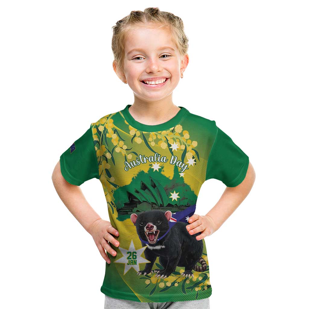 Tasimania Devil Australia Day Kid T Shirt Aussie Aussie Aussie Oi! Oi! Oi! - Green - Vibe Hoodie Shop