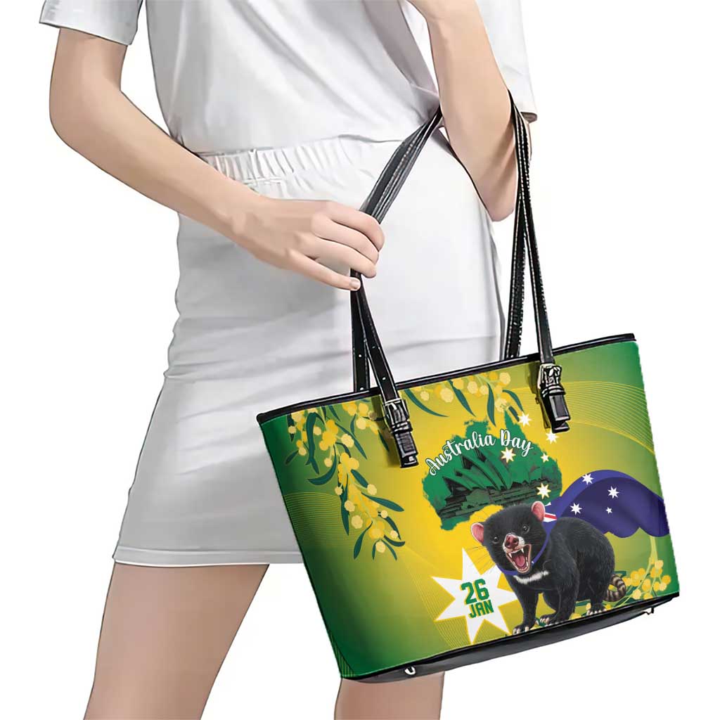 Tasimania Devil Australia Day Leather Tote Bag Aussie Aussie Aussie Oi! Oi! Oi! - Green