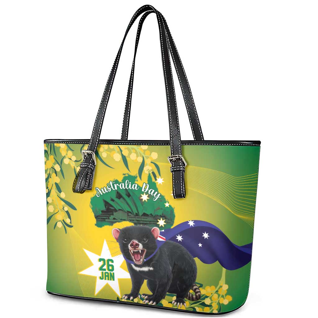 Tasimania Devil Australia Day Leather Tote Bag Aussie Aussie Aussie Oi! Oi! Oi! - Green