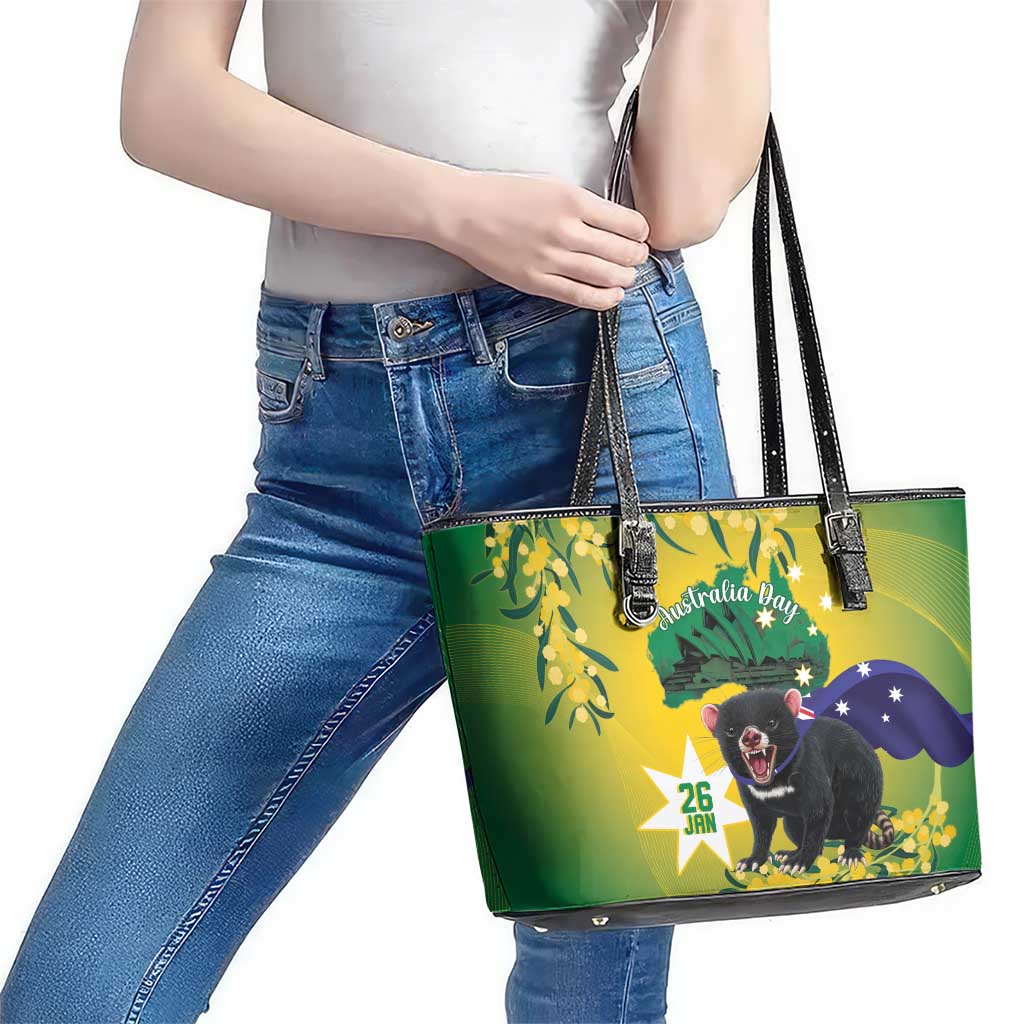 Tasimania Devil Australia Day Leather Tote Bag Aussie Aussie Aussie Oi! Oi! Oi! - Green