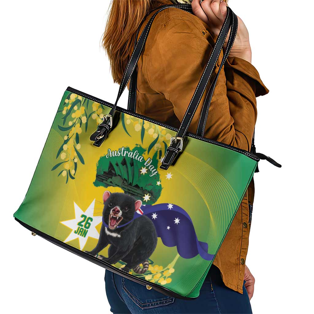 Tasimania Devil Australia Day Leather Tote Bag Aussie Aussie Aussie Oi! Oi! Oi! - Green