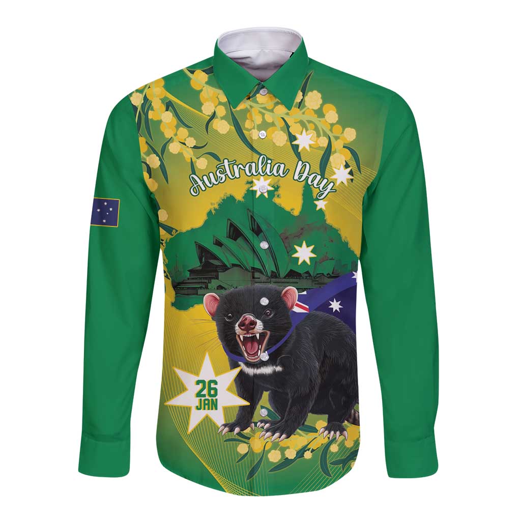 Tasimania Devil Australia Day Long Sleeve Button Shirt Aussie Aussie Aussie Oi! Oi! Oi! - Green - Vibe Hoodie Shop