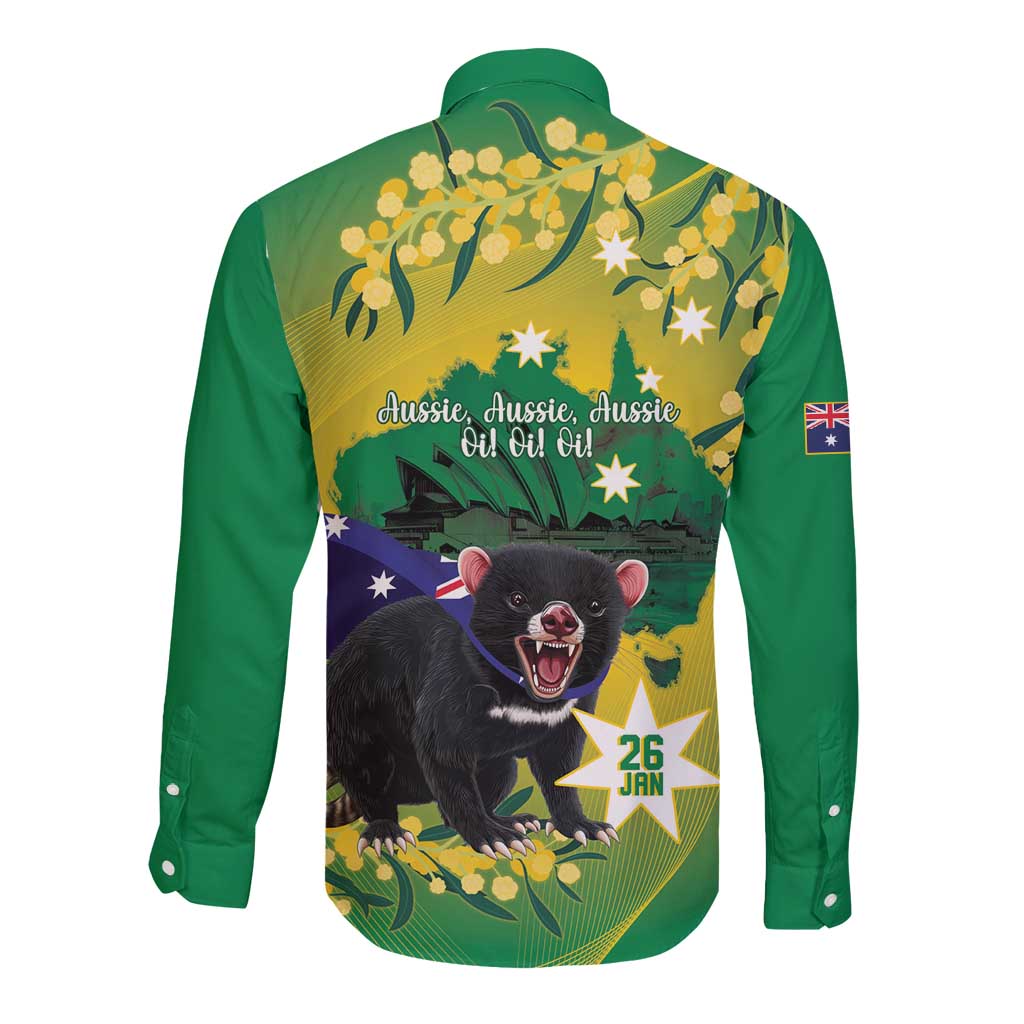 Tasimania Devil Australia Day Long Sleeve Button Shirt Aussie Aussie Aussie Oi! Oi! Oi! - Green - Vibe Hoodie Shop