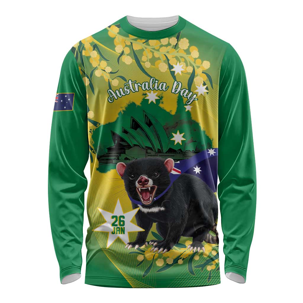 Tasimania Devil Australia Day Long Sleeve Shirt Aussie Aussie Aussie Oi! Oi! Oi! - Green - Vibe Hoodie Shop