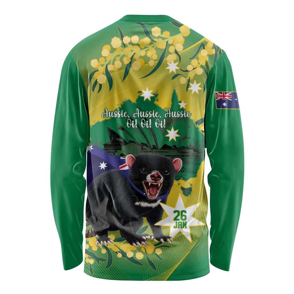 Tasimania Devil Australia Day Long Sleeve Shirt Aussie Aussie Aussie Oi! Oi! Oi! - Green - Vibe Hoodie Shop