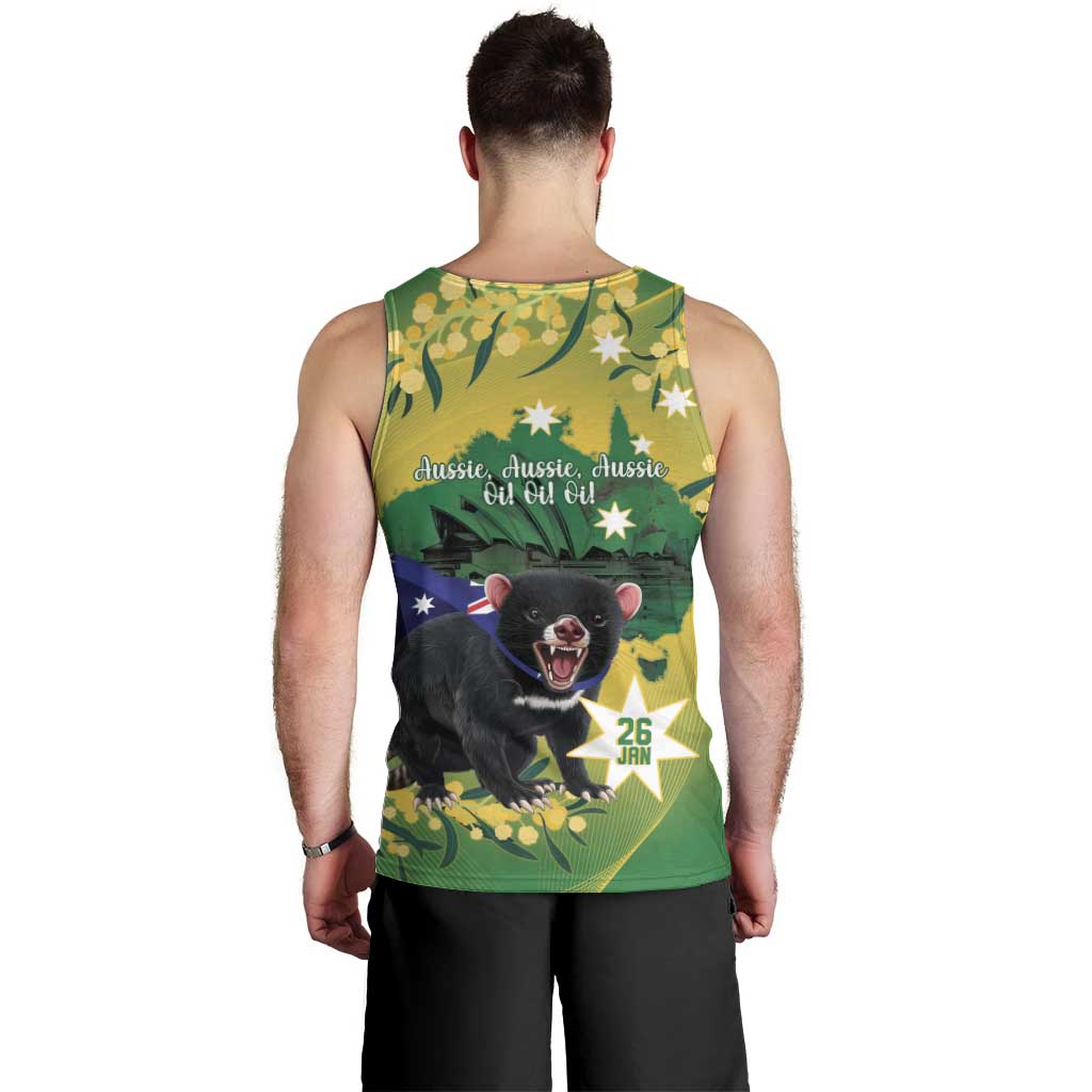 Tasimania Devil Australia Day Men Tank Top Aussie Aussie Aussie Oi! Oi! Oi! - Green - Vibe Hoodie Shop