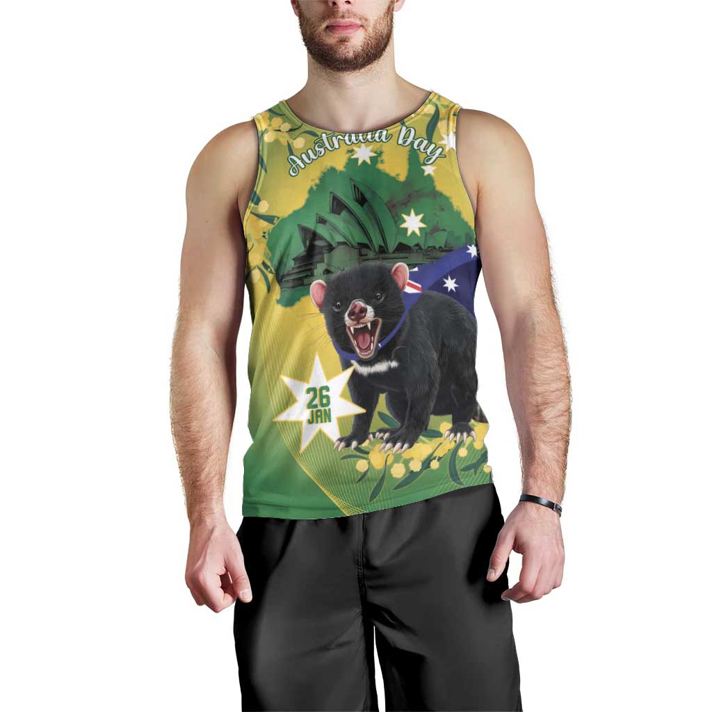 Tasimania Devil Australia Day Men Tank Top Aussie Aussie Aussie Oi! Oi! Oi! - Green - Vibe Hoodie Shop