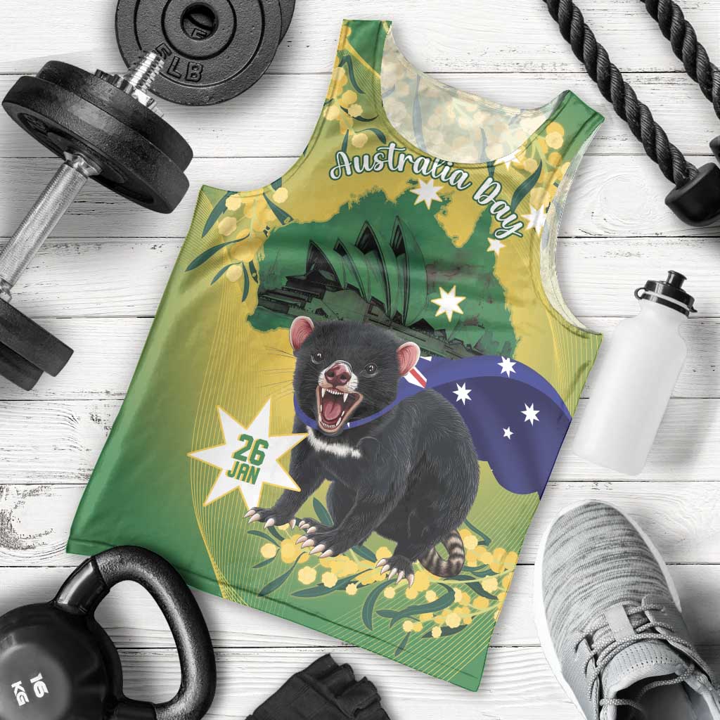 Tasimania Devil Australia Day Men Tank Top Aussie Aussie Aussie Oi! Oi! Oi! - Green - Vibe Hoodie Shop