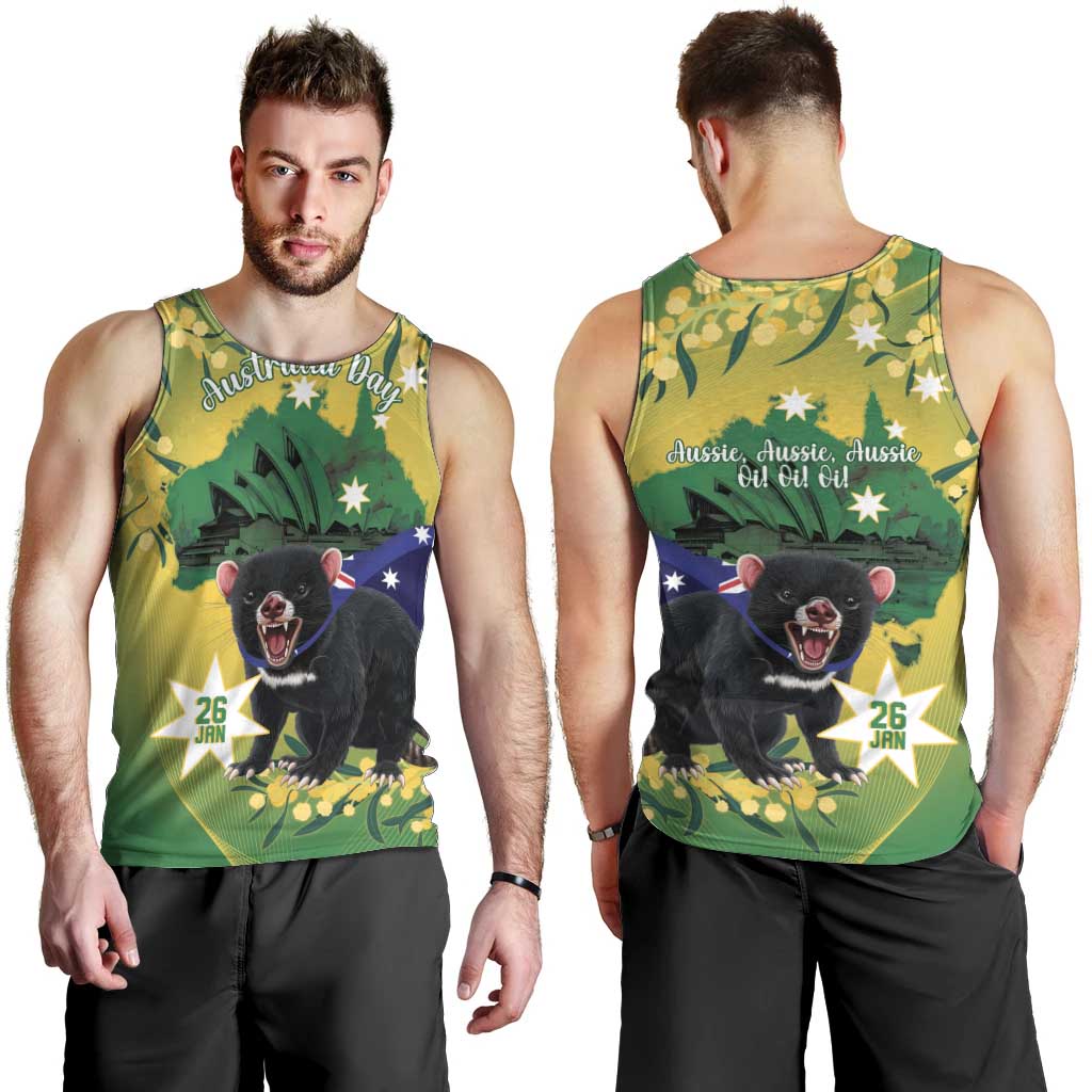 Tasimania Devil Australia Day Men Tank Top Aussie Aussie Aussie Oi! Oi! Oi! - Green - Vibe Hoodie Shop