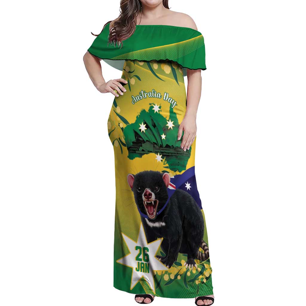 Tasimania Devil Australia Day Off Shoulder Maxi Dress Aussie Aussie Aussie Oi! Oi! Oi! - Green