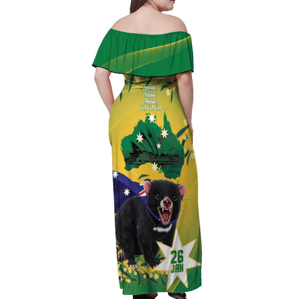 Tasimania Devil Australia Day Off Shoulder Maxi Dress Aussie Aussie Aussie Oi! Oi! Oi! - Green