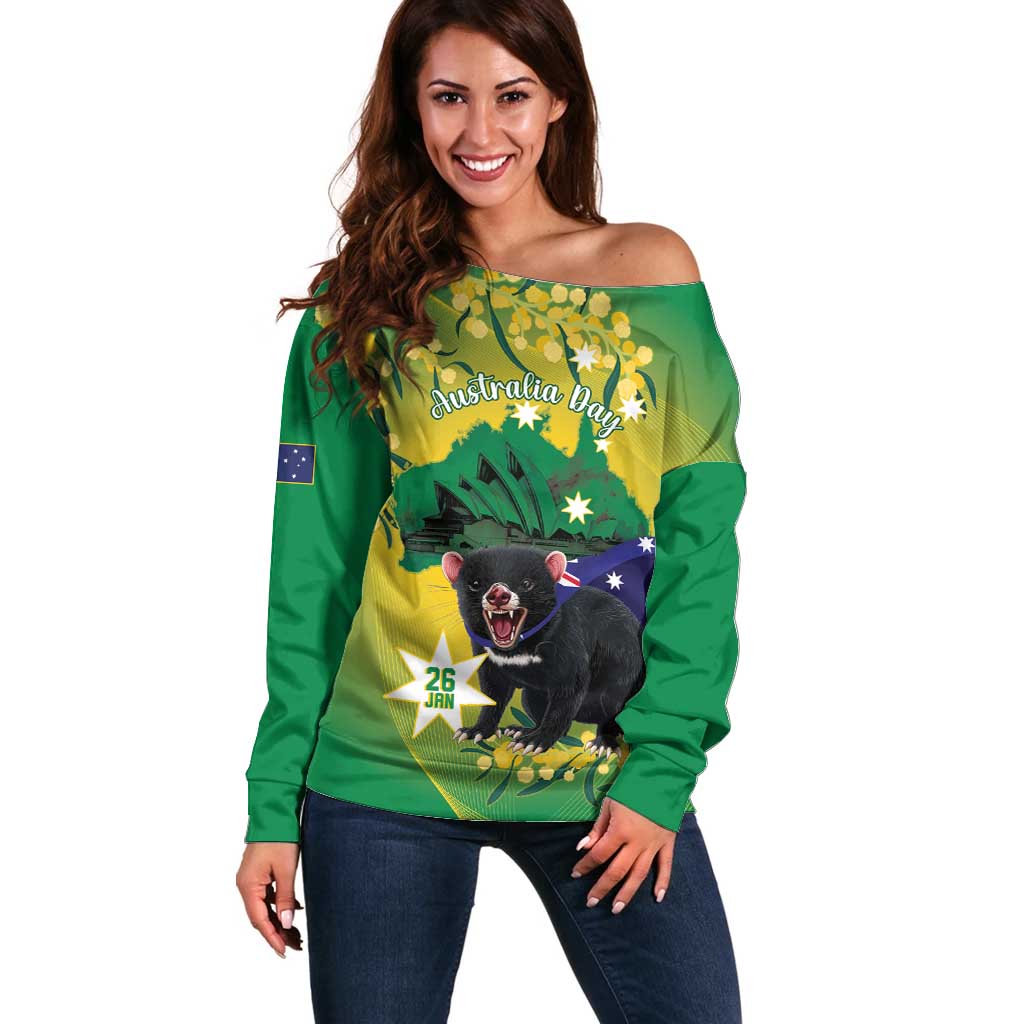 Tasimania Devil Australia Day Off Shoulder Sweater Aussie Aussie Aussie Oi! Oi! Oi! - Green - Vibe Hoodie Shop