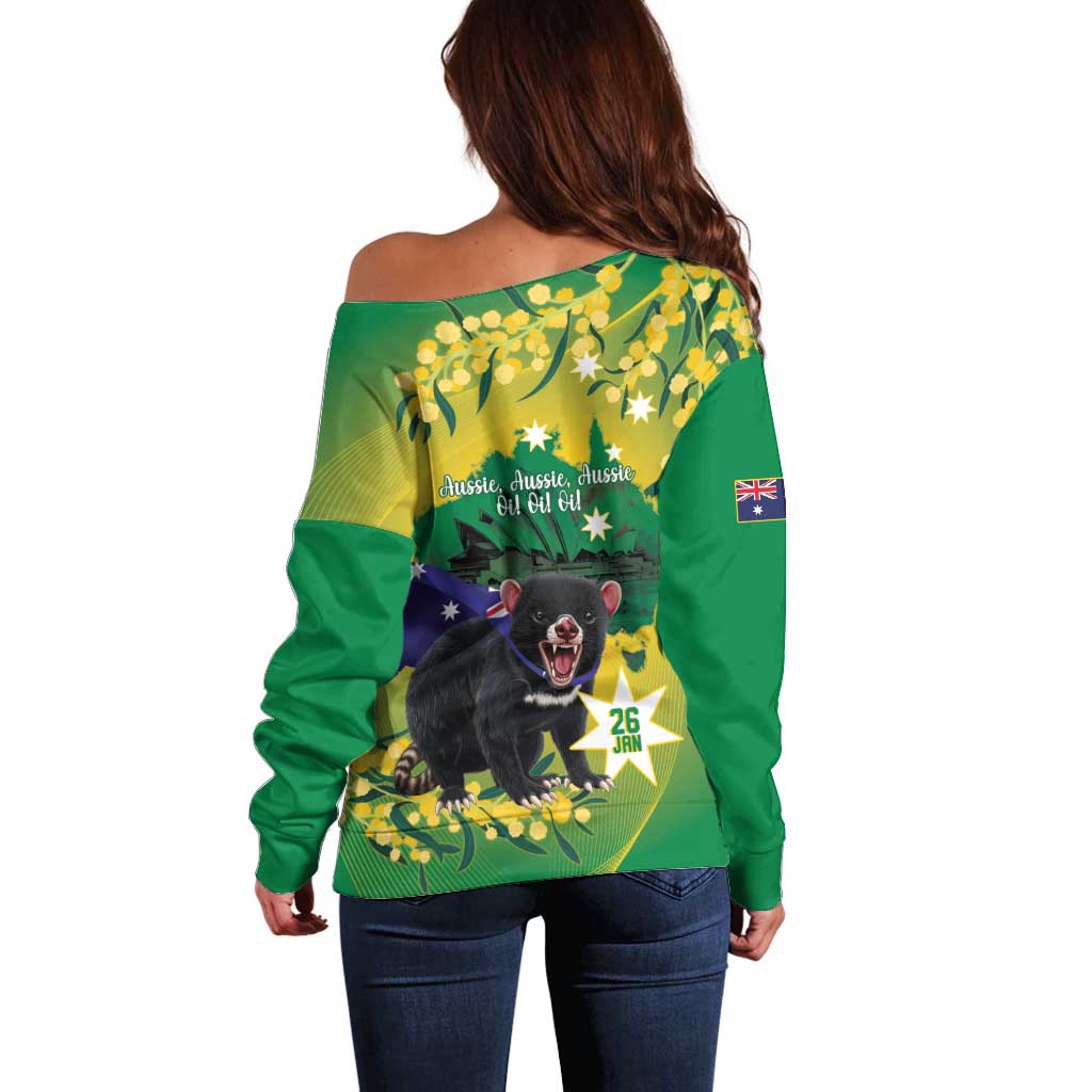 Tasimania Devil Australia Day Off Shoulder Sweater Aussie Aussie Aussie Oi! Oi! Oi! - Green - Vibe Hoodie Shop