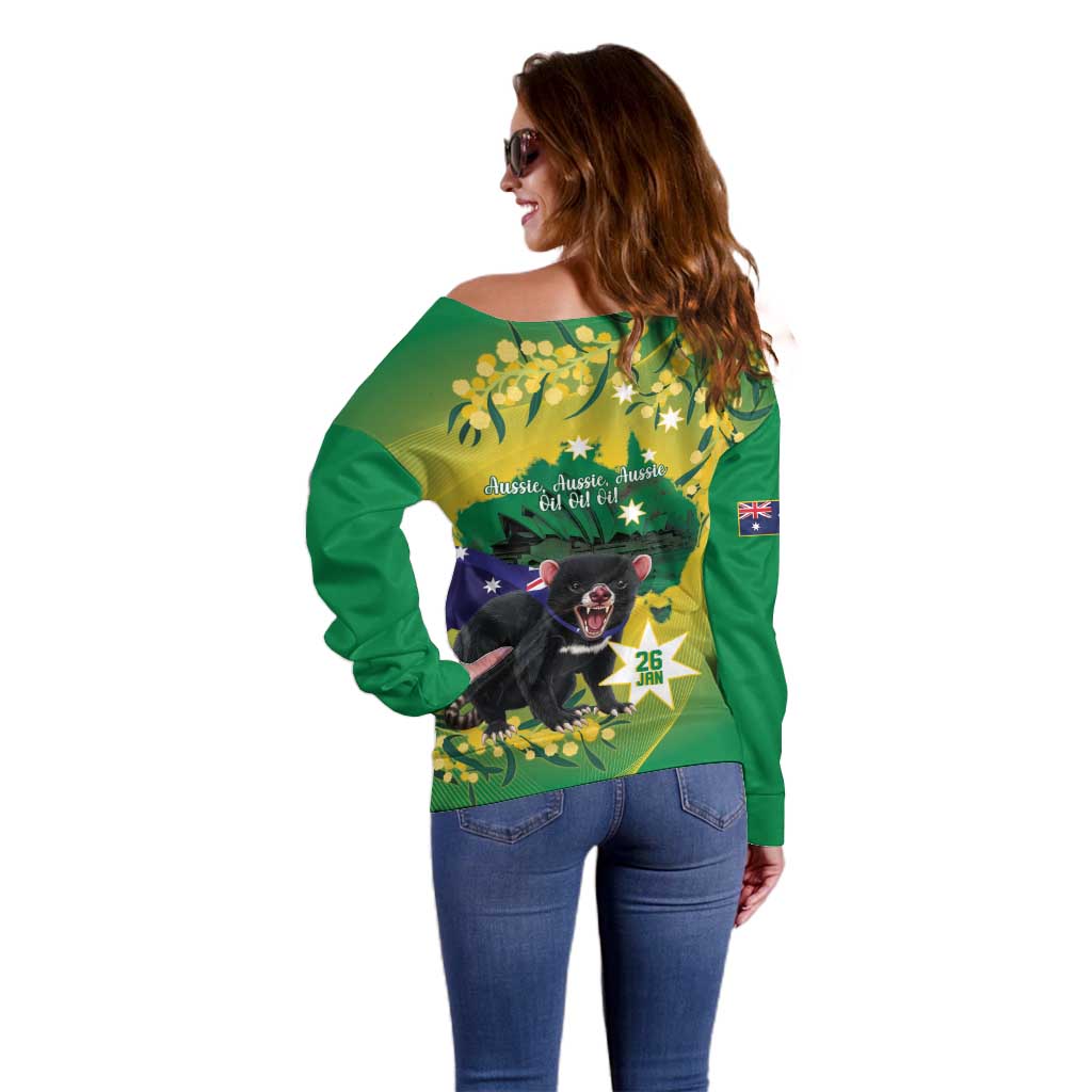 Tasimania Devil Australia Day Off Shoulder Sweater Aussie Aussie Aussie Oi! Oi! Oi! - Green - Vibe Hoodie Shop