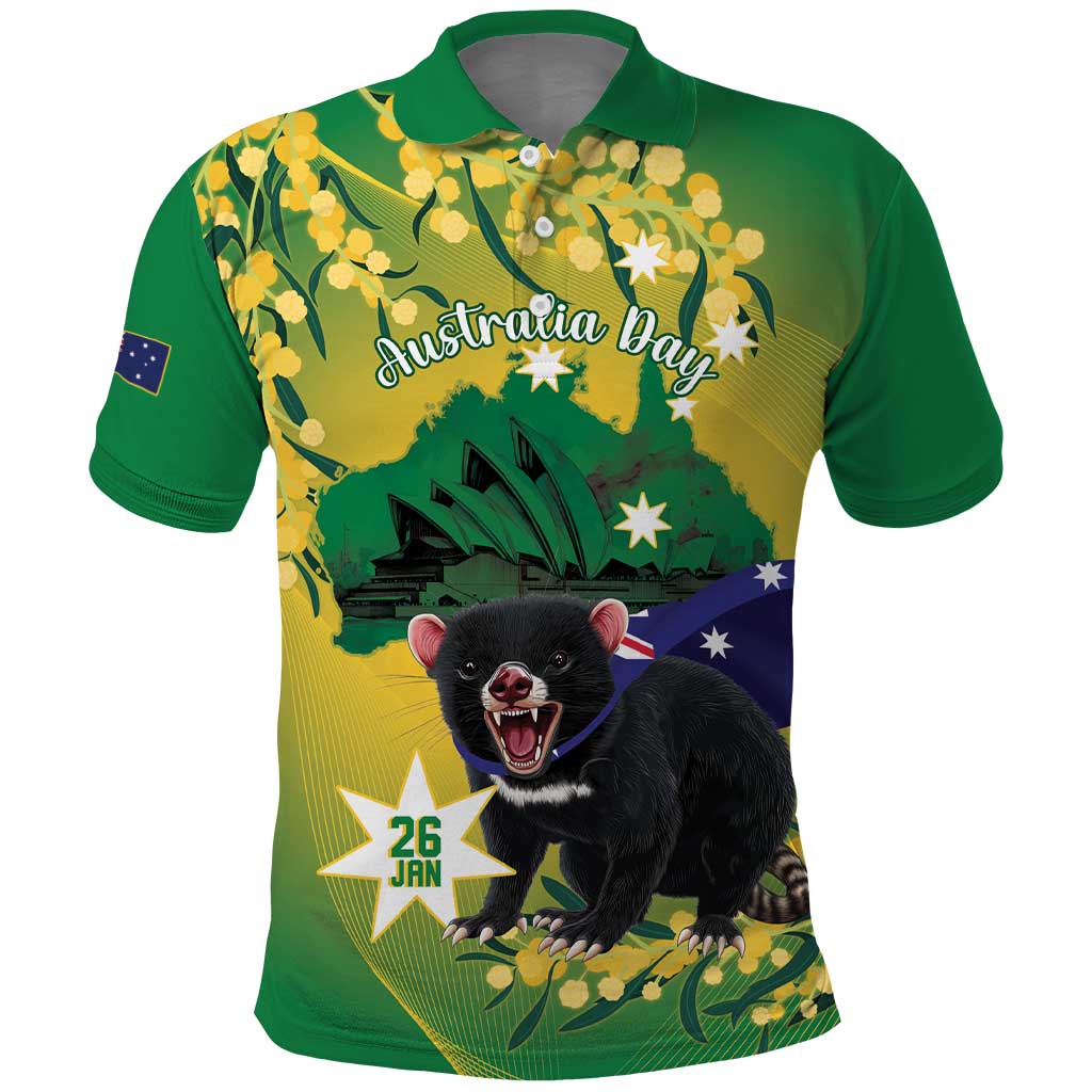 Tasimania Devil Australia Day Polo Shirt Aussie Aussie Aussie Oi! Oi! Oi! - Green - Vibe Hoodie Shop