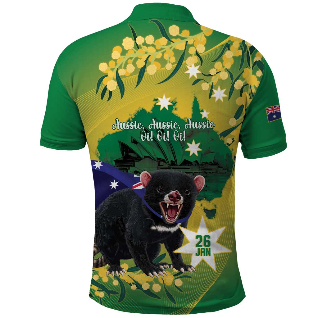 Tasimania Devil Australia Day Polo Shirt Aussie Aussie Aussie Oi! Oi! Oi! - Green - Vibe Hoodie Shop