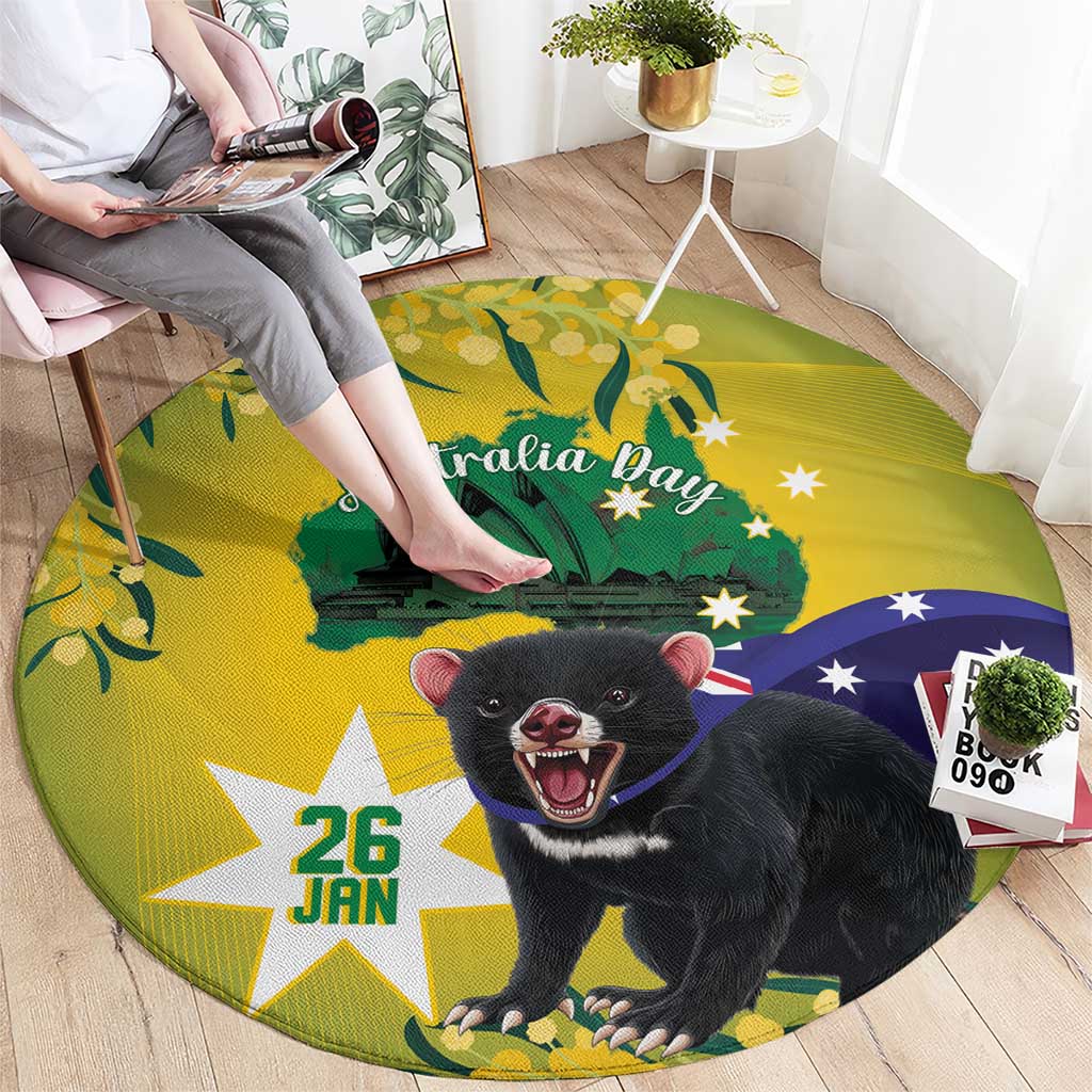 Tasimania Devil Australia Day Round Carpet Aussie Aussie Aussie Oi! Oi! Oi! - Green