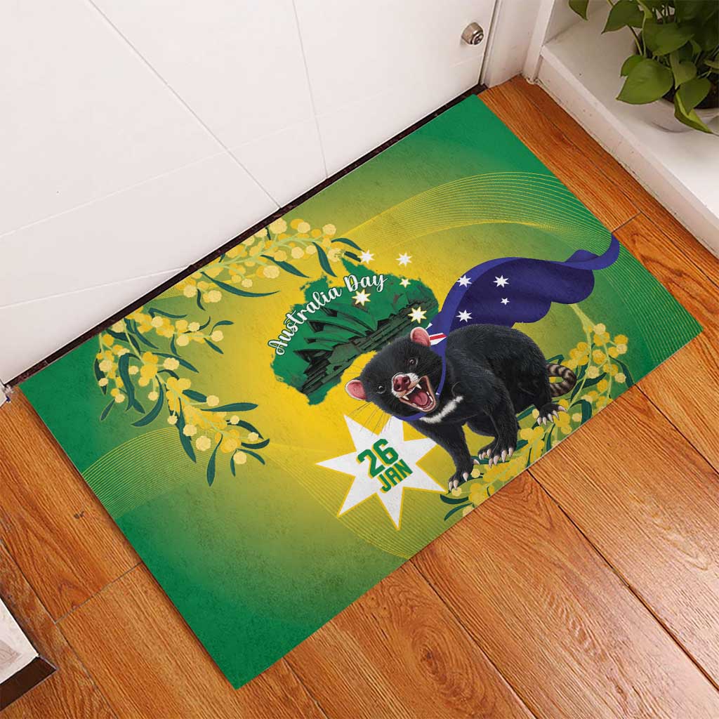 Tasimania Devil Australia Day Rubber Doormat Aussie Aussie Aussie Oi! Oi! Oi! - Green