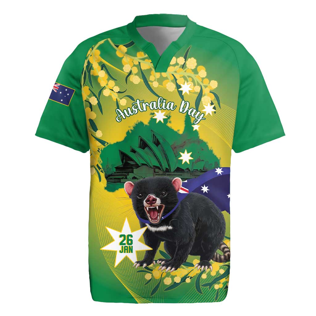 Tasimania Devil Australia Day Rugby Jersey Aussie Aussie Aussie Oi! Oi! Oi! - Green