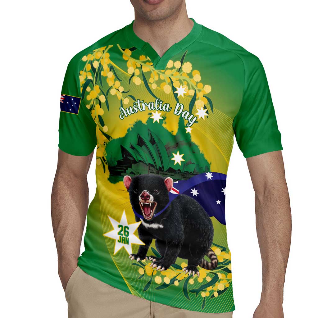 Tasimania Devil Australia Day Rugby Jersey Aussie Aussie Aussie Oi! Oi! Oi! - Green