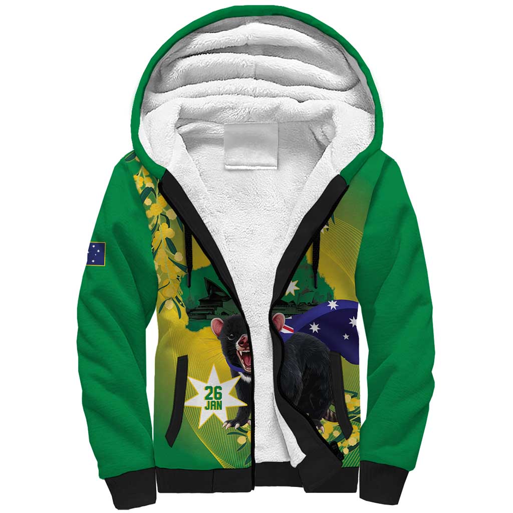 Tasimania Devil Australia Day Sherpa Hoodie Aussie Aussie Aussie Oi! Oi! Oi! - Green - Vibe Hoodie Shop