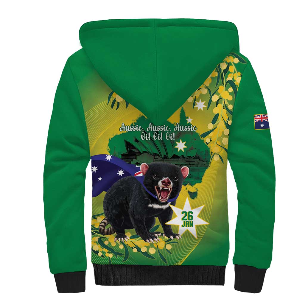 Tasimania Devil Australia Day Sherpa Hoodie Aussie Aussie Aussie Oi! Oi! Oi! - Green - Vibe Hoodie Shop