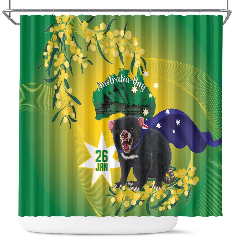 Tasimania Devil Australia Day Shower Curtain Aussie Aussie Aussie Oi! Oi! Oi! - Green