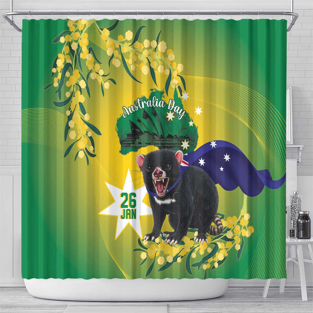 Tasimania Devil Australia Day Shower Curtain Aussie Aussie Aussie Oi! Oi! Oi! - Green