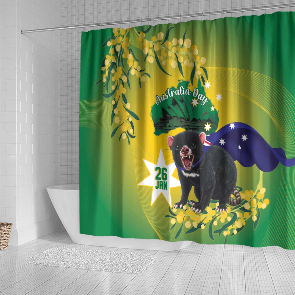 Tasimania Devil Australia Day Shower Curtain Aussie Aussie Aussie Oi! Oi! Oi! - Green