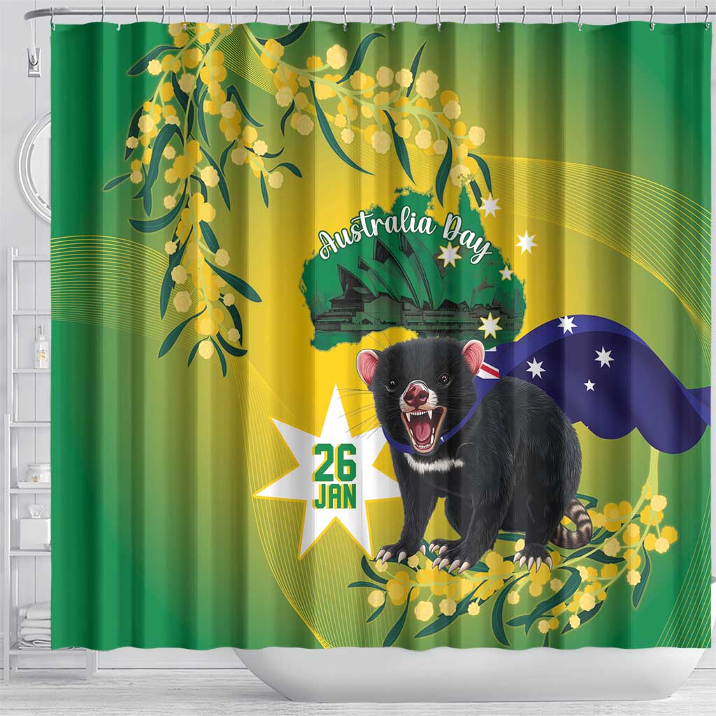 Tasimania Devil Australia Day Shower Curtain Aussie Aussie Aussie Oi! Oi! Oi! - Green