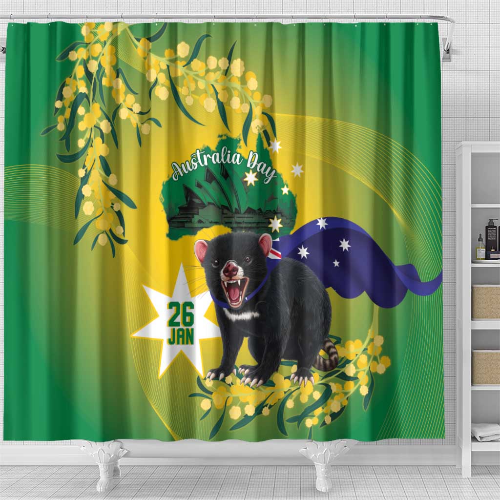 Tasimania Devil Australia Day Shower Curtain Aussie Aussie Aussie Oi! Oi! Oi! - Green