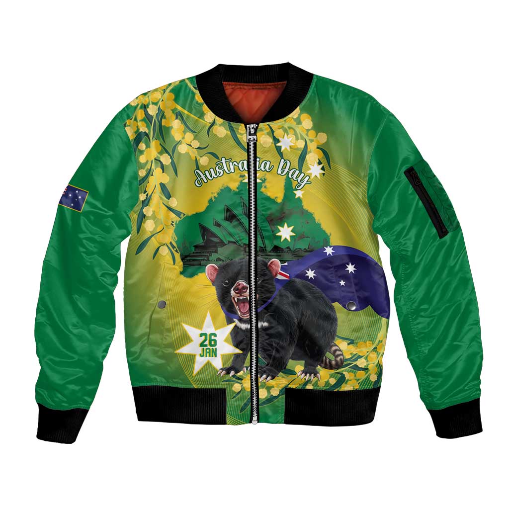 Tasimania Devil Australia Day Sleeve Zip Bomber Jacket Aussie Aussie Aussie Oi! Oi! Oi! - Green