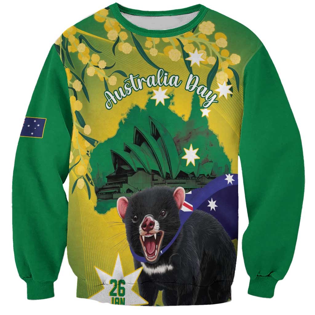 Tasimania Devil Australia Day Sweatshirt Aussie Aussie Aussie Oi! Oi! Oi! - Green - Vibe Hoodie Shop