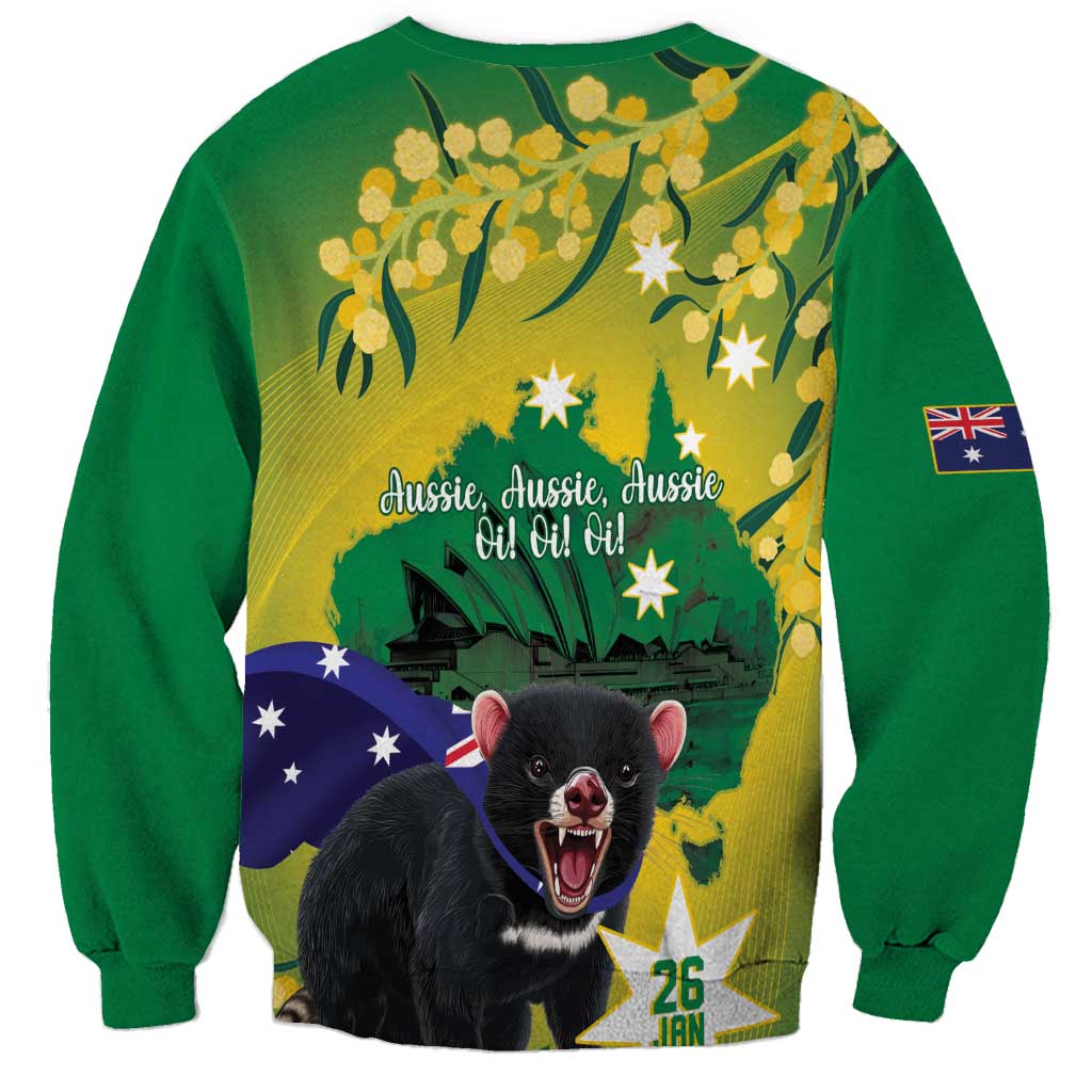 Tasimania Devil Australia Day Sweatshirt Aussie Aussie Aussie Oi! Oi! Oi! - Green - Vibe Hoodie Shop